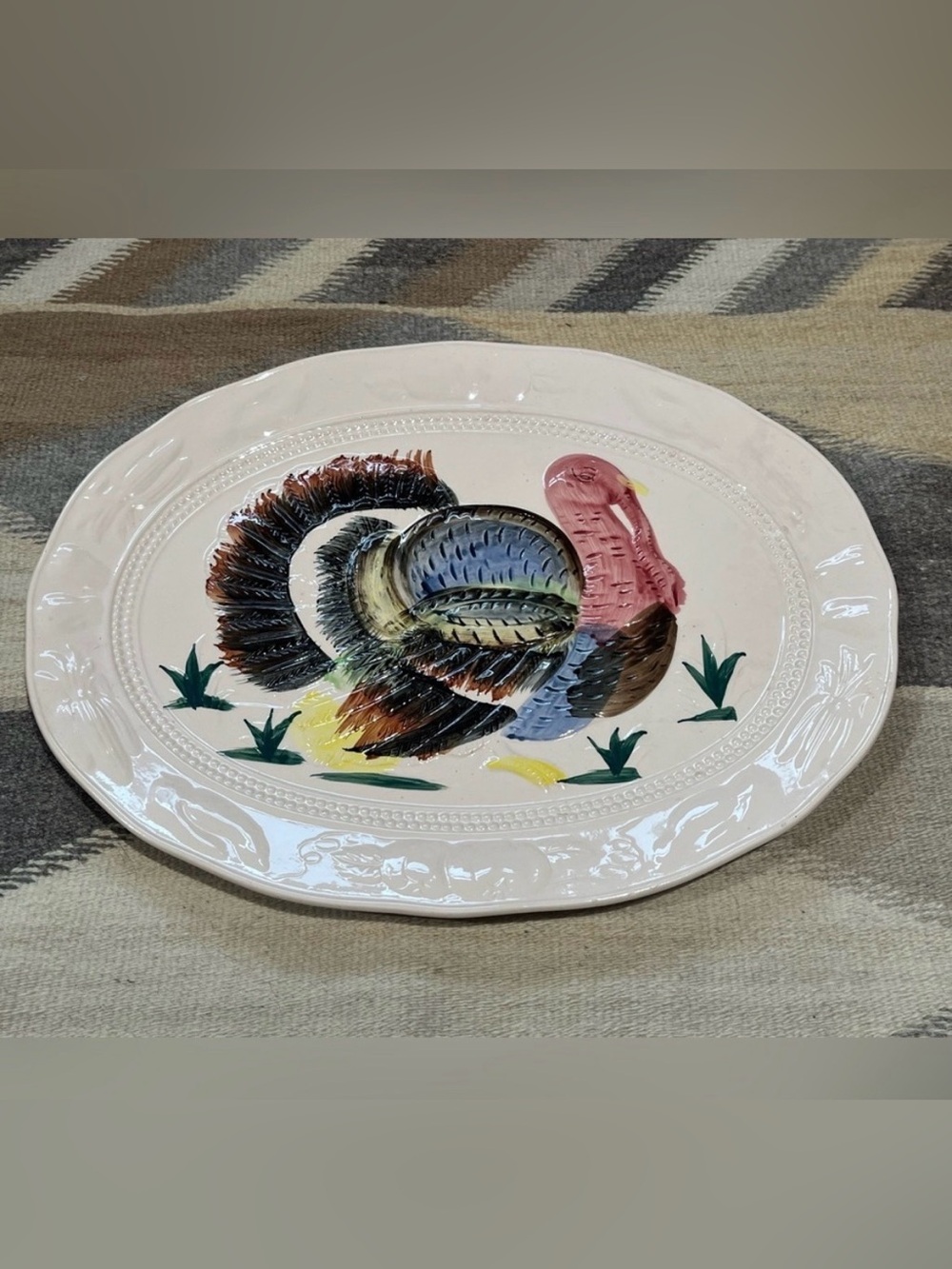 Vintage Large Raised Ceramic Colorful Turkey Platter Thanksgiving